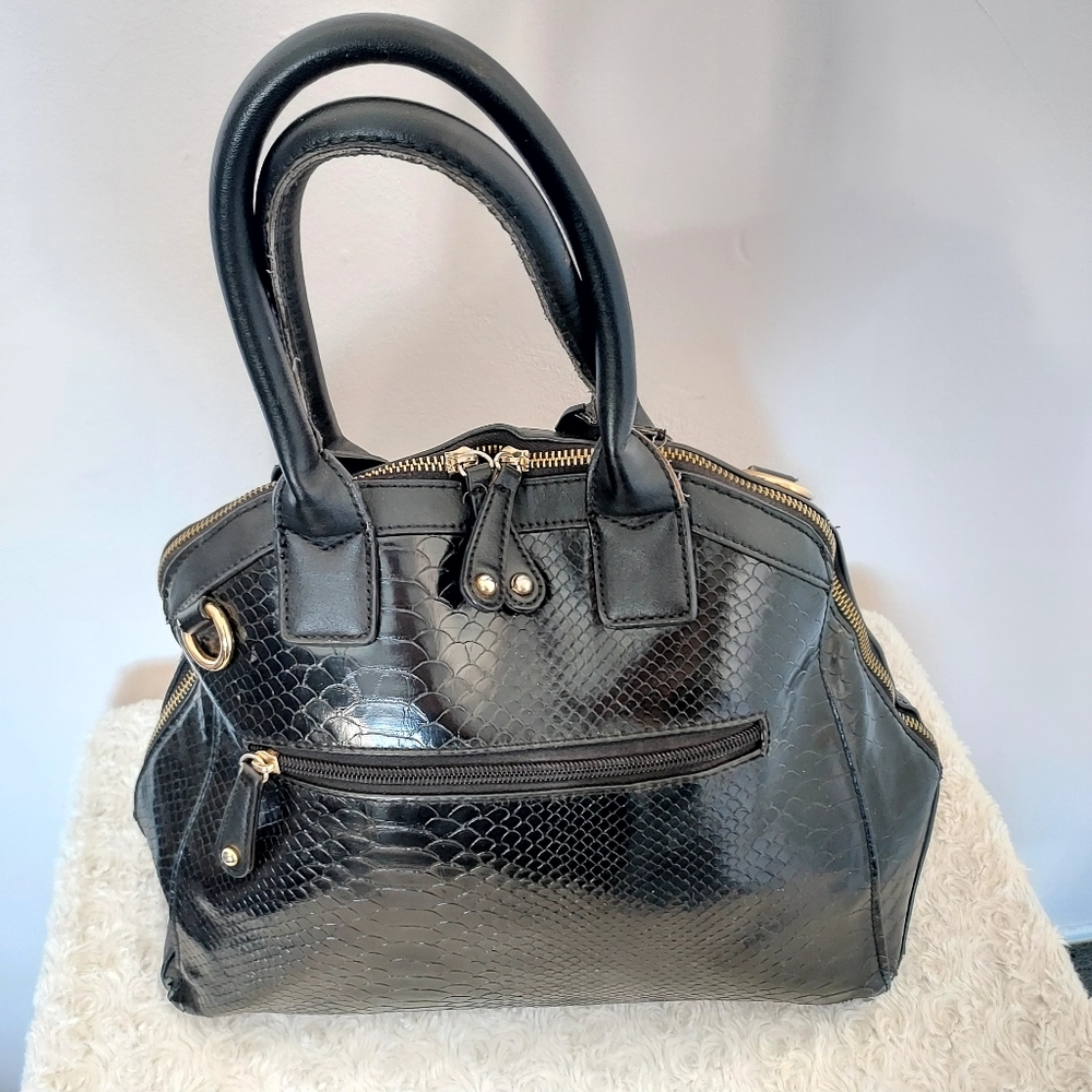 Large Black Tote Purse Bag with faux snake details satin lining - Picture 2 of 16